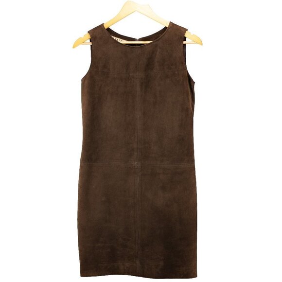DONATELLA VERSACE Vintage Suede Chocolate Brown Semi Couture Sheat Mini Dress XS - Picture 2 of 15